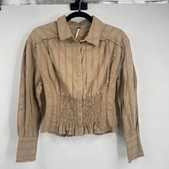 Free‎ People Tammy Button down Tan Size XS Crinkle Smocked Top Collared - Picture 3 of 11